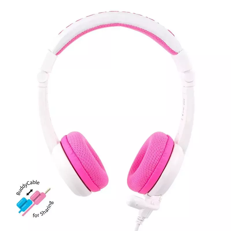 Auscultadores com fio BuddyPhones School+ com arco de cabeça para chamadas e música, 20–20000 Hz, cabo de 1,4 m, rosa/branco