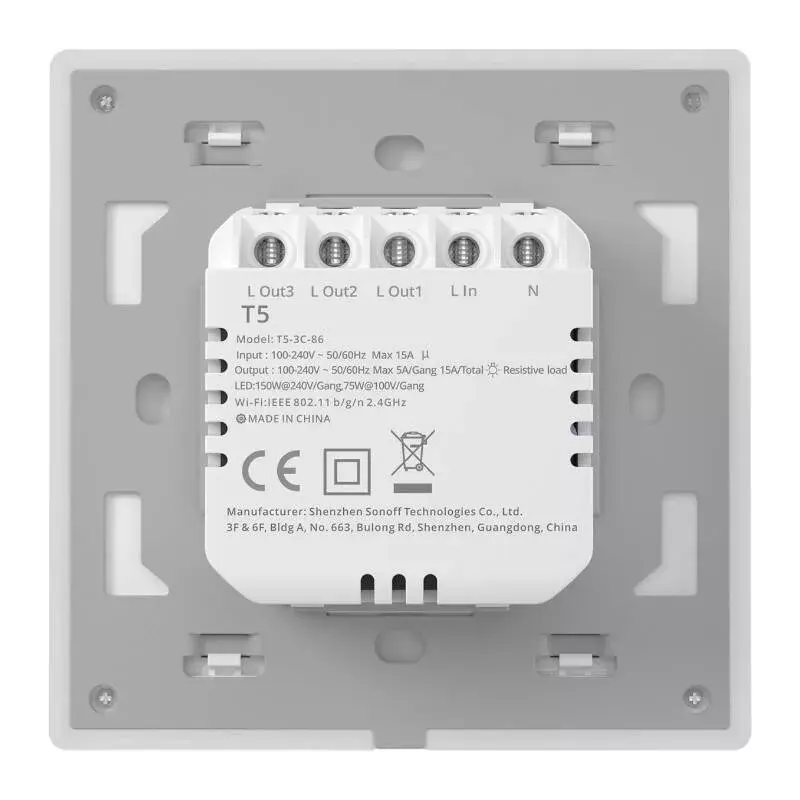Interruptor de parede inteligente Sonoff T5 3C 3 canais Wi‑Fi tátil (encastrar)