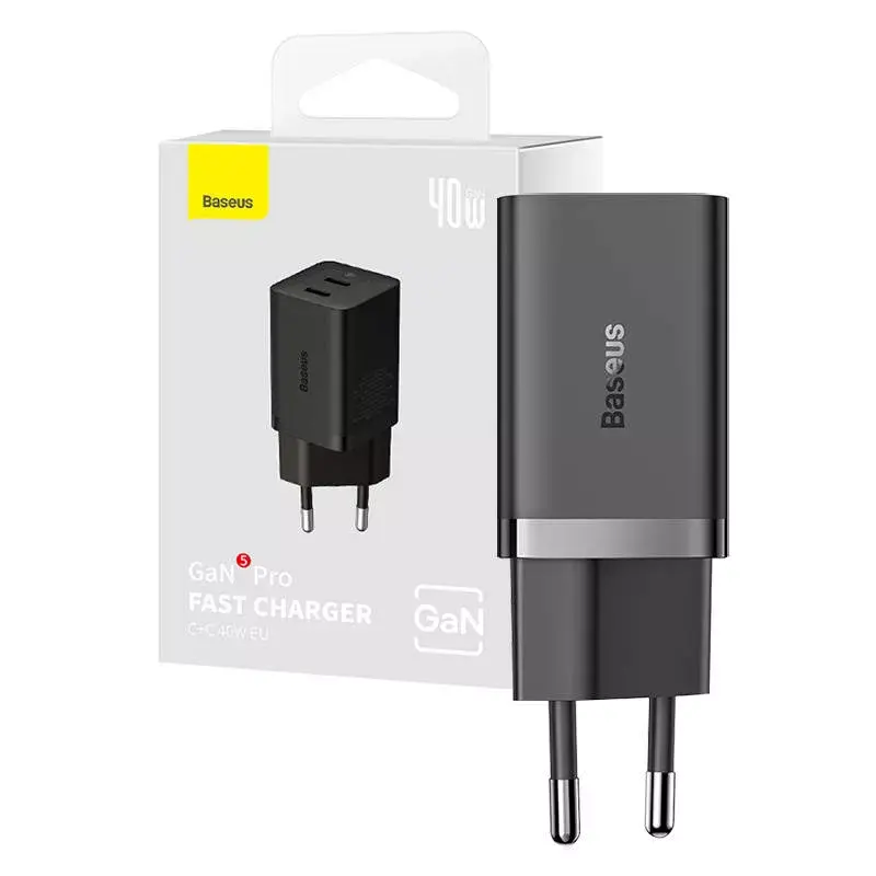 Carregador de parede Baseus GaN5 40 W, 2x USB-C (preto)
