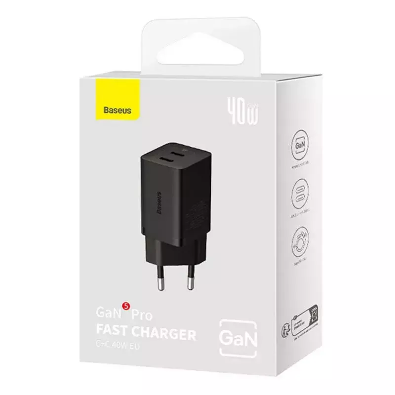 Carregador de parede Baseus GaN5 40 W, 2x USB-C (preto)