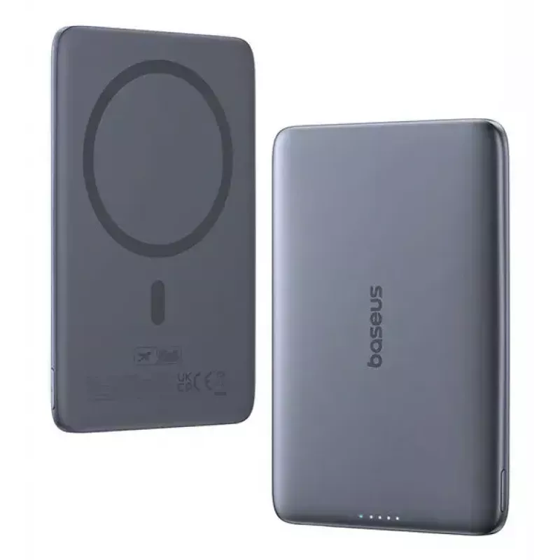 Powerbank portátil Baseus PicoGo ultra-fino 5000 mAh, saída 20 W, carregamento sem fios, USB-C, cinzento