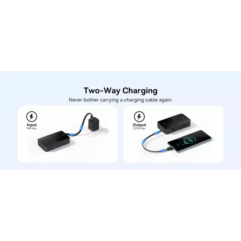 Powerbank Baseus EnerFill Bipow2 Pro – 20000 mAh, PD 3.0 & QC 3.0, 22,5 W, 1×USB-A + 1×USB-C, preto, até 3 dispositivos