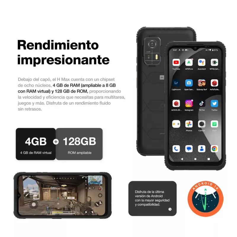 Smartphone AGM H Max — ecrã de 16,7 cm (6,56 polegadas), Android 14, 4 GB RAM, 256 GB, Dual SIM, 10000 mAh, IP68, preto