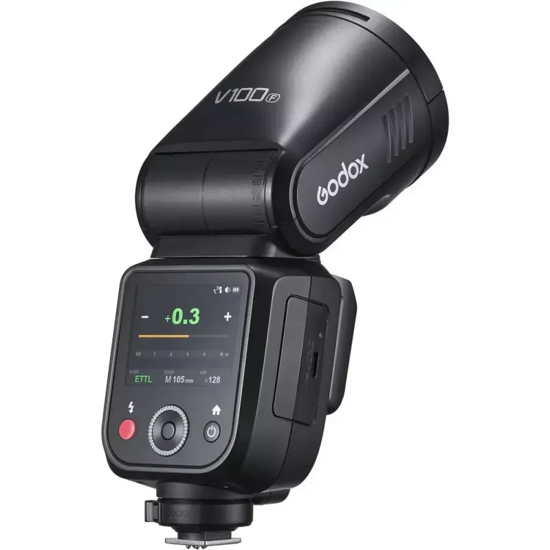 Flash Godox V100-F para Fujifilm — flash de encaixe portátil de iões de lítio