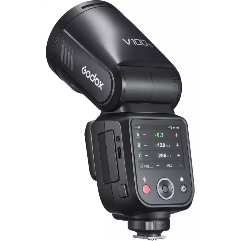 Flash Godox V100-F para Fujifilm — flash de encaixe portátil de iões de lítio