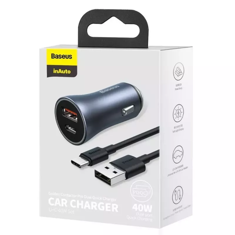 Carregador de automóvel Baseus TZCCJD-0G 40W cinzento-escuro — carregador USB para automóvel, saída de 40W