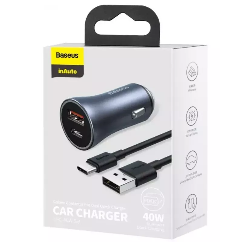 Carregador de automóvel Baseus TZCCJD-0G 40W cinzento-escuro — carregador USB para automóvel, saída de 40W