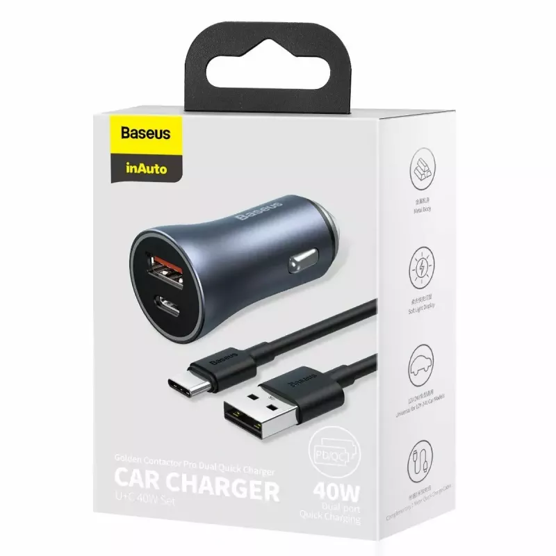 Carregador de automóvel Baseus TZCCJD-0G 40W cinzento-escuro — carregador USB para automóvel, saída de 40W