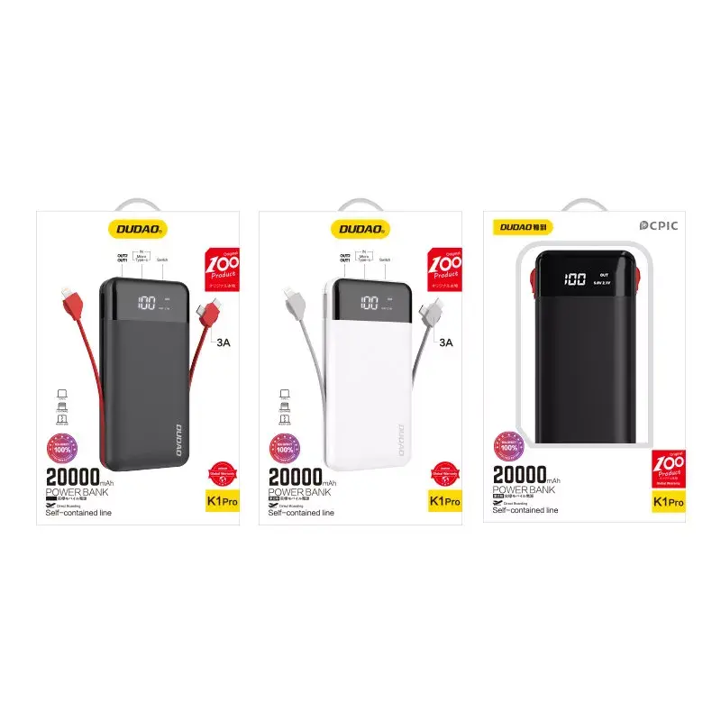Powerbank Dudao K1Pro 20000 mAh 15 W com 4 cabos integrados, preto