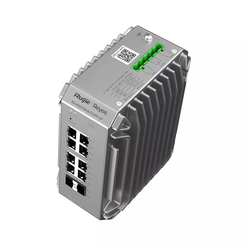 Switch de rede gerido L2 Ruijie RG-NIS3100-8GT2SFP-HP — 8× Gigabit RJ-45, 2× SFP, PoE, 12–56V DC, 20 Gbit/s, 8000 MAC, cinzento