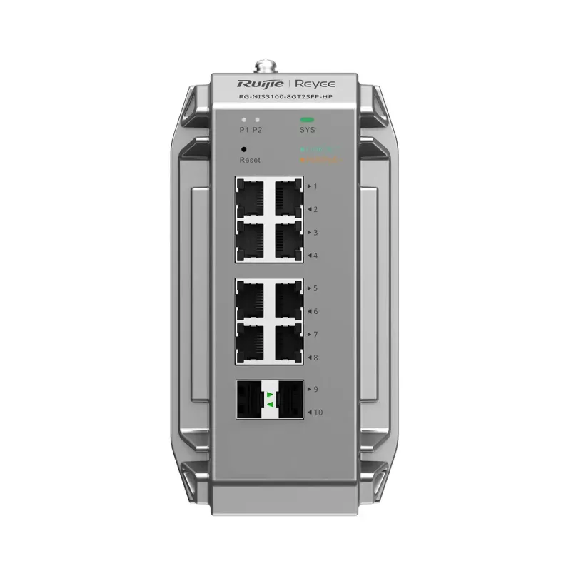 Switch de rede gerido L2 Ruijie RG-NIS3100-8GT2SFP-HP — 8× Gigabit RJ-45, 2× SFP, PoE, 12–56V DC, 20 Gbit/s, 8000 MAC, cinzento
