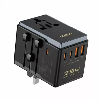 Adaptador de viagem Dudao A35Pro 35W com 3× USB-C e 2× USB-A, multificha EU/UK/AUS/US/JP – preto