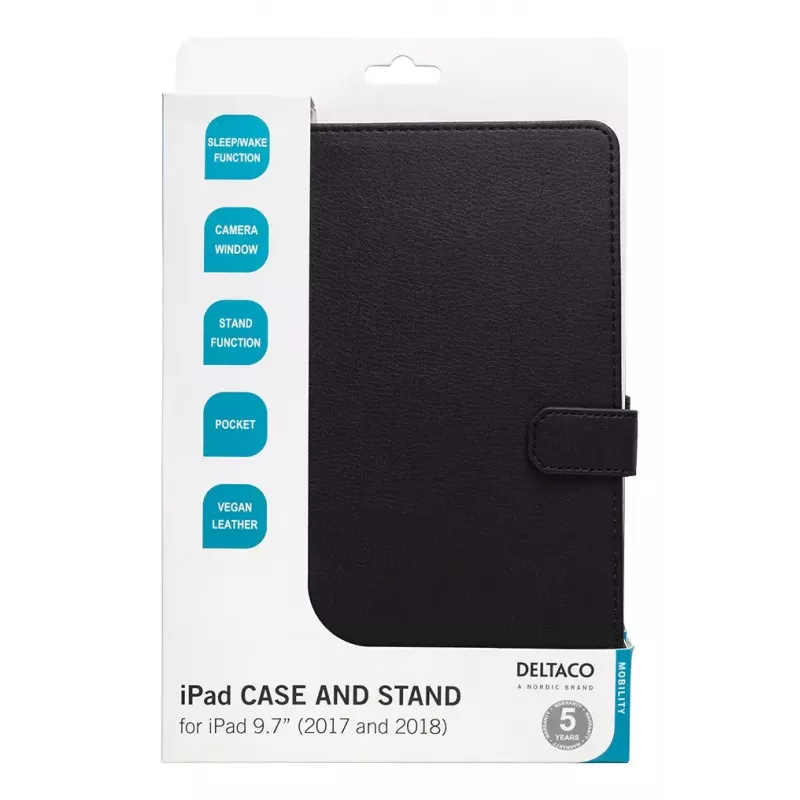 Capa para tablet DELTACO IPD-2017-2 folio para iPad 9,7 polegadas (2017/2018), pele, modo de suporte