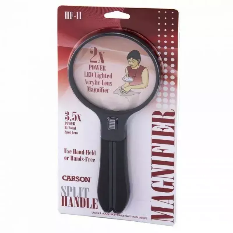 Lupa Carson Split Handle HF-11 — lupa de mão 3,5×, preto/transparente, pilha AAA