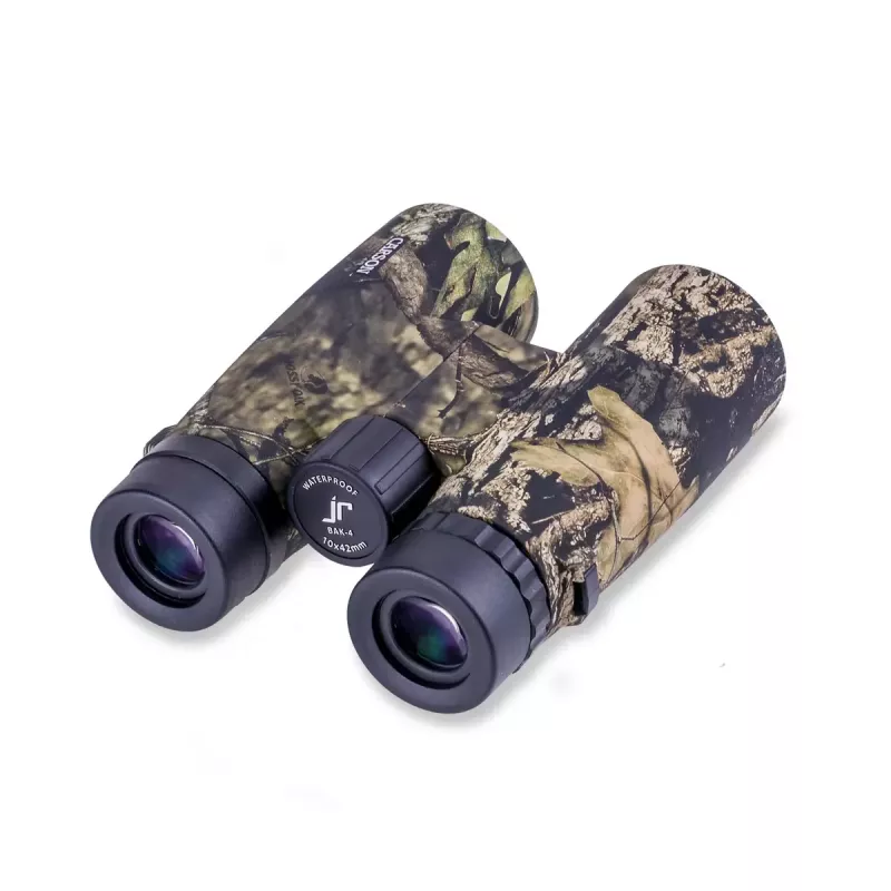 Binóculos Carson JR 10x42 BAK-4 telhado, design compacto camuflado, 127×50,8×160 mm
