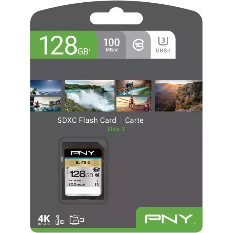 Cartão de memória SDXC PNY Elite-X 128 GB, UHS-I, Class 10, U3, 100 MB/s leitura