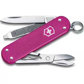 Canivete Victorinox Classic SD Alox Flamino Party vermelho — multiferramenta compacta com lâmina, tesoura, lima de unhas, chave de fendas, porta-chaves
