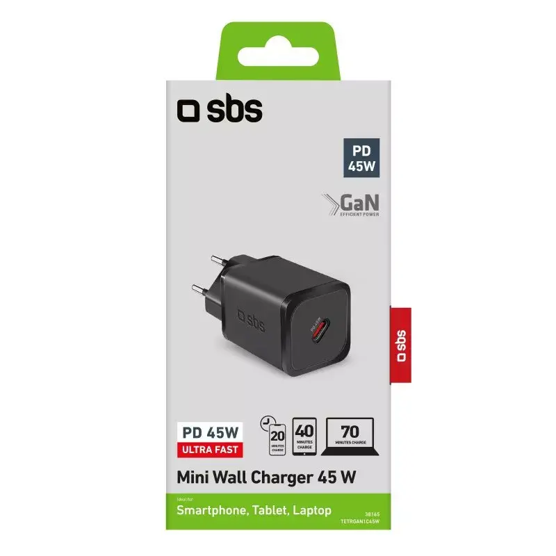 Carregador para dispositivos móveis SBS TETRGAN1C45W carregamento rápido interior preto