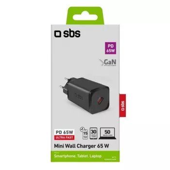 Carregador de interior SBS Mobile TETRGAN1C65W – 100–240V, 1x USB-C, preto, para smartphone tablet portátil smartwatch auscultadores