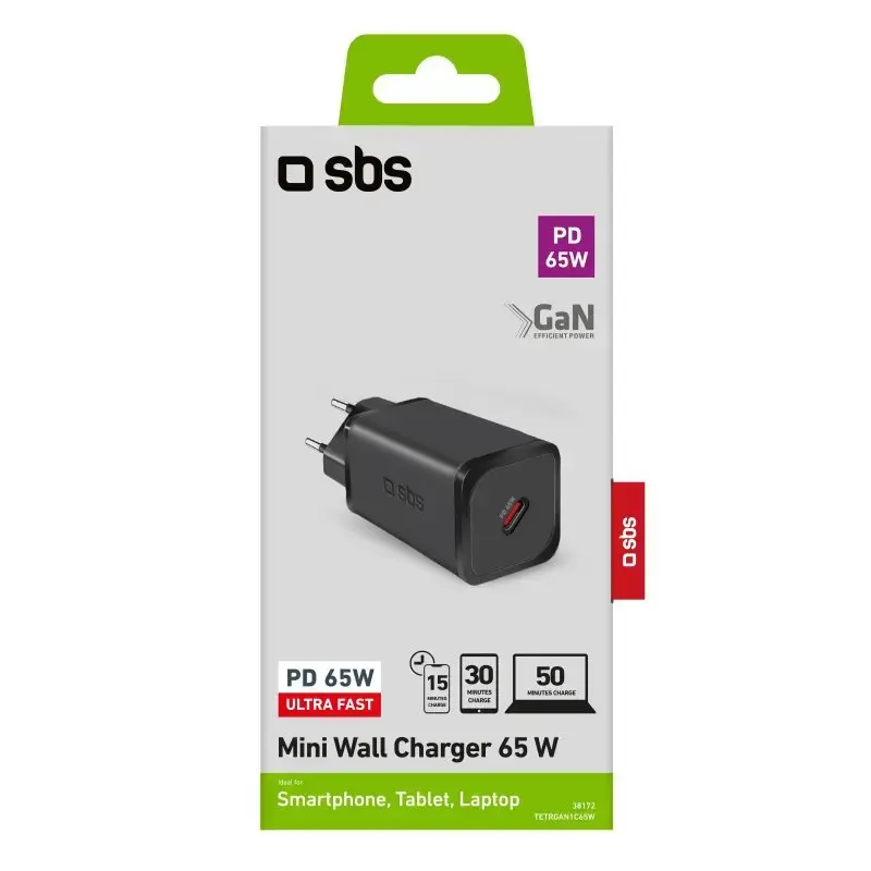 Carregador de interior SBS Mobile TETRGAN1C65W – 100–240V, 1x USB-C, preto, para smartphone tablet portátil smartwatch auscultadores