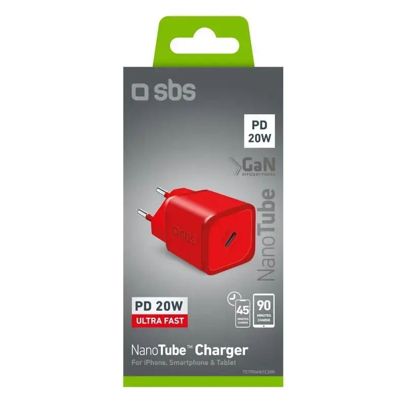 Carregador SBS Mobile TETRGAN1C20R — 20W USB‑C carregador de interior para smartphone, tablet, smartwatch, auscultadores (vermelho)