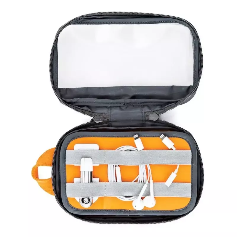 Bolsa Lowepro GearUp Pouch Mini em nylon e poliéster ripstop cinzenta e laranja