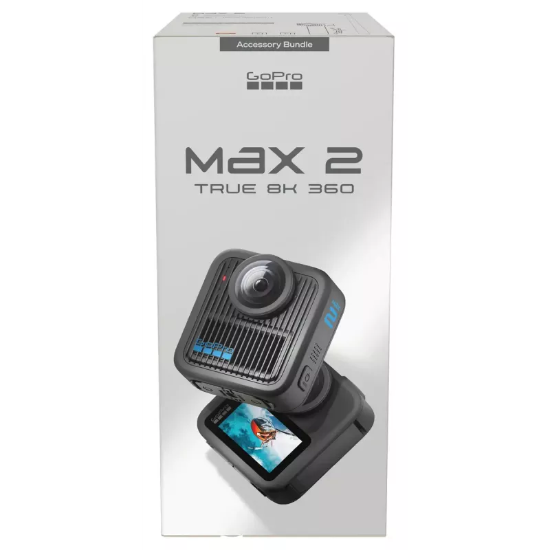 Câmara de ação GoPro MAX2 com 8K Ultra HD, sensor de 29,5 MP, 100 fps, ecrã LCD, GPS, Wi‑Fi — pacote de acessórios
