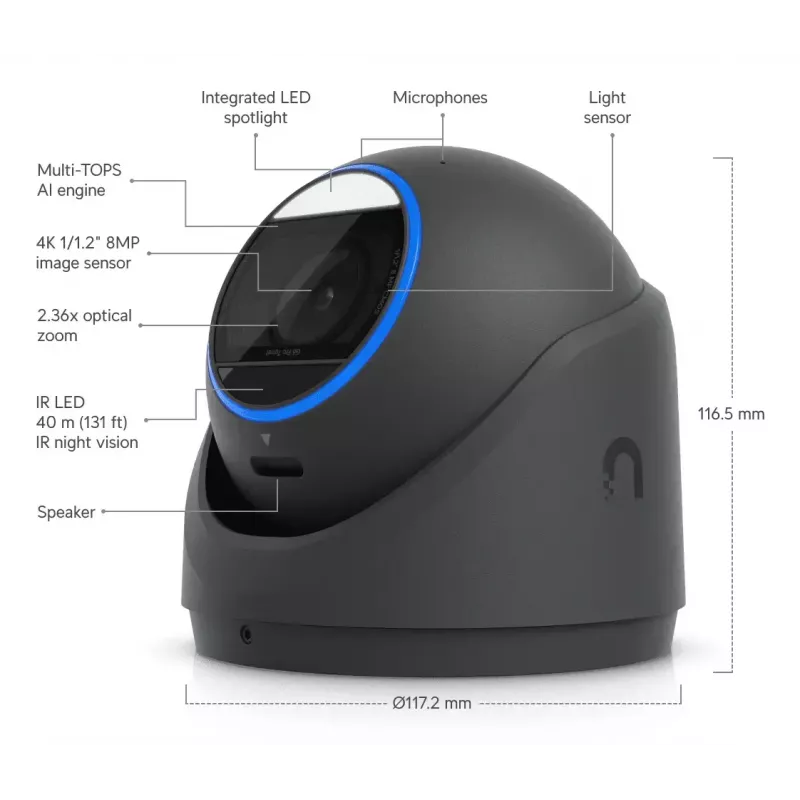 Câmara de segurança IP UBIQUITI UVC-G6-Pro-Turret-B – 3840×2160, CMOS de 1/1,2″, zoom ótico 2,36×, PoE+, montagem em teto/parede, interior/exterior