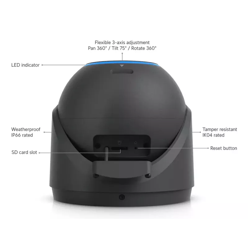 Câmara de segurança IP UBIQUITI UVC-G6-Pro-Turret-B – 3840×2160, CMOS de 1/1,2″, zoom ótico 2,36×, PoE+, montagem em teto/parede, interior/exterior