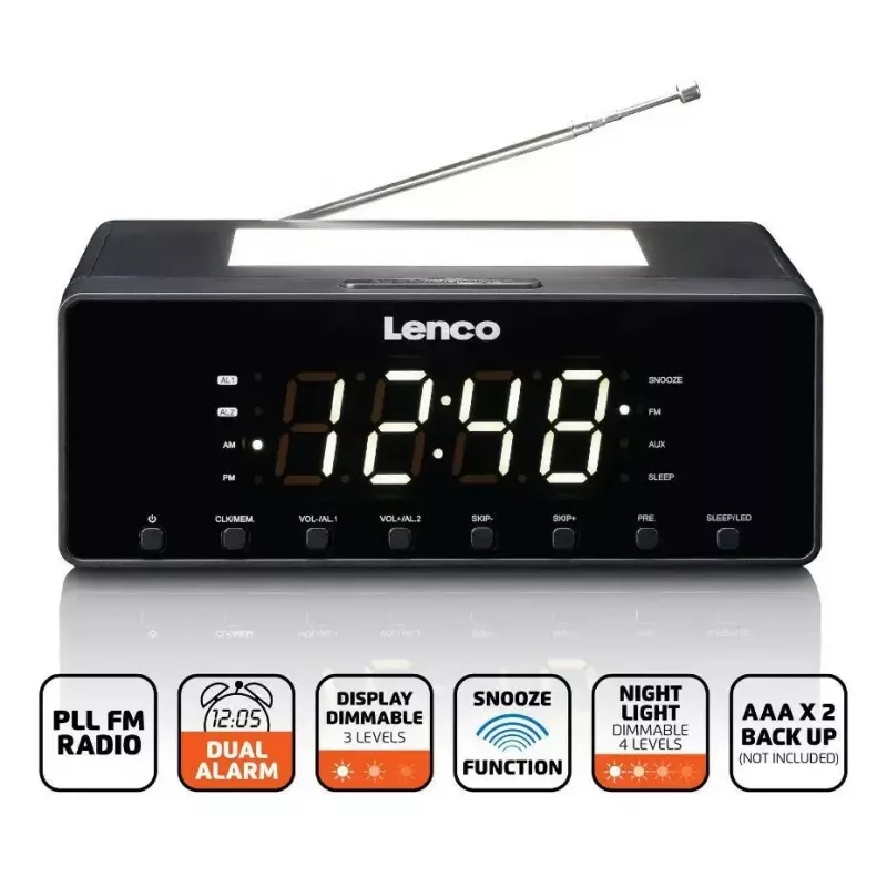 Rádio-relógio Lenco CR540BK – despertador FM, ecrã LED de 1,2 polegadas, luz noturna regulável, função de carregamento USB, altifalantes estéreo