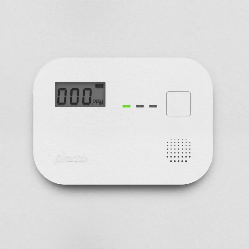 Detetor de monóxido de carbono Alecto COA3910 — sensor CO eletroquímico, a pilhas, branco, 110×78×37 mm