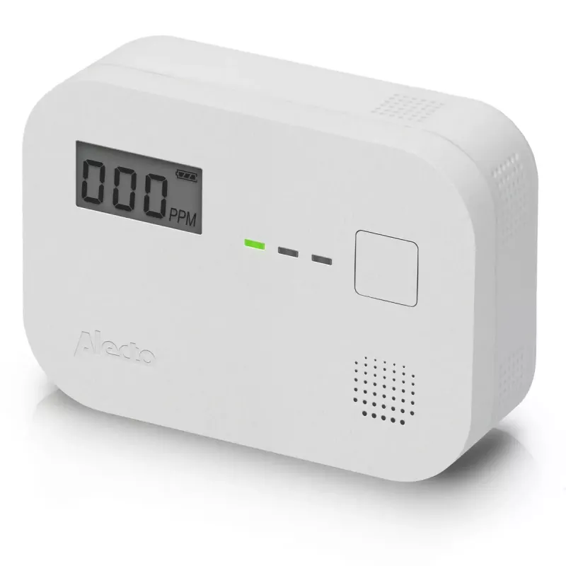 Detetor de monóxido de carbono Alecto COA3910 — sensor CO eletroquímico, a pilhas, branco, 110×78×37 mm