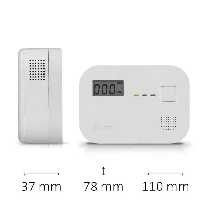 Detetor de monóxido de carbono Alecto COA3910 — sensor CO eletroquímico, a pilhas, branco, 110×78×37 mm