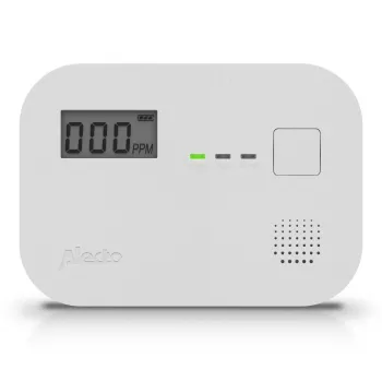 Detetor de monóxido de carbono Alecto COA3910 — sensor CO eletroquímico, a pilhas, branco, 110×78×37 mm