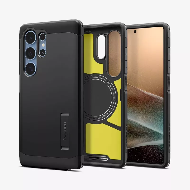 Capa Spigen Galaxy S25 Ultra Tough Armor AI preta com suporte de secretária