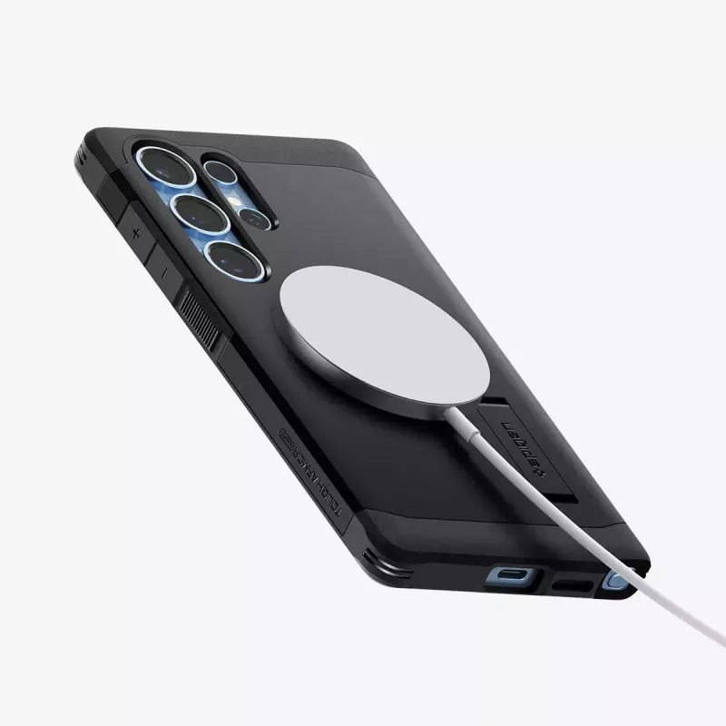 Capa Spigen Galaxy S25 Ultra Tough Armor AI preta com suporte de secretária