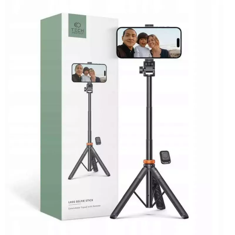 Tech-Protect L03S Pau de selfie tripé com telecomando Bluetooth, preto