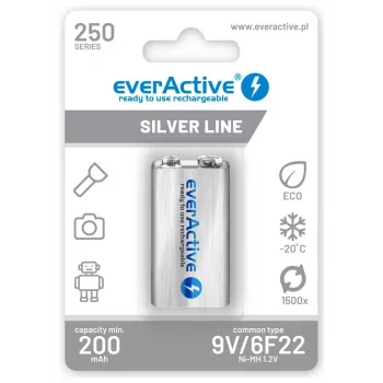 Pilhas recarregáveis everActive Ni-MH 6F22 9V 250 mAh Silver Line
