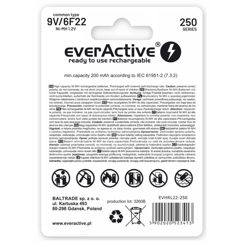 Pilhas recarregáveis everActive Ni-MH 6F22 9V 250 mAh Silver Line