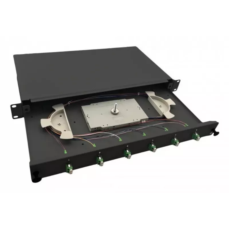 helos caixa de fusão de fibra ótica 19 6 x LC/APC Duplex OS2, pronta a fusionar, preta