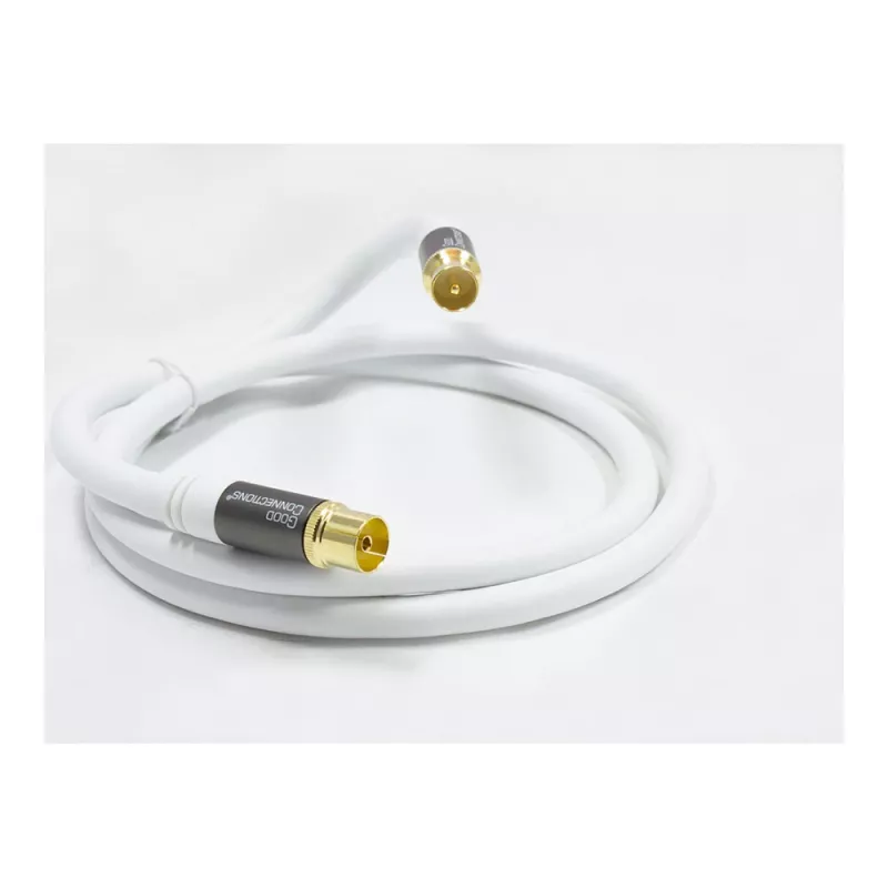 Cabo de antena SmartFLEX, ficha IEC/coaxial macho para fêmea, dourado, blindagem quádrupla, nível de blindagem 120 dB, branco, 1,5 m, Good Connections® (GC-M2042)