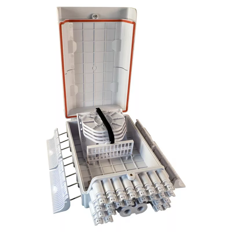 Caixa de terminação de fibra ótica exterior FTTH IP65 Marca FTTH-BOX-OUT-5 para 48 fibras, 24 adaptadores, cassete de fusão incluída
