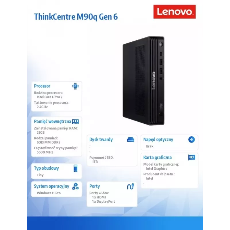 Computador ThinkCentre M90q Tiny G6 13AC000EPB W11Pro Ultra 7 265/2x16GB/1TB/INT/vPro/Preto/3 Anos OS + 1 Ano Premier