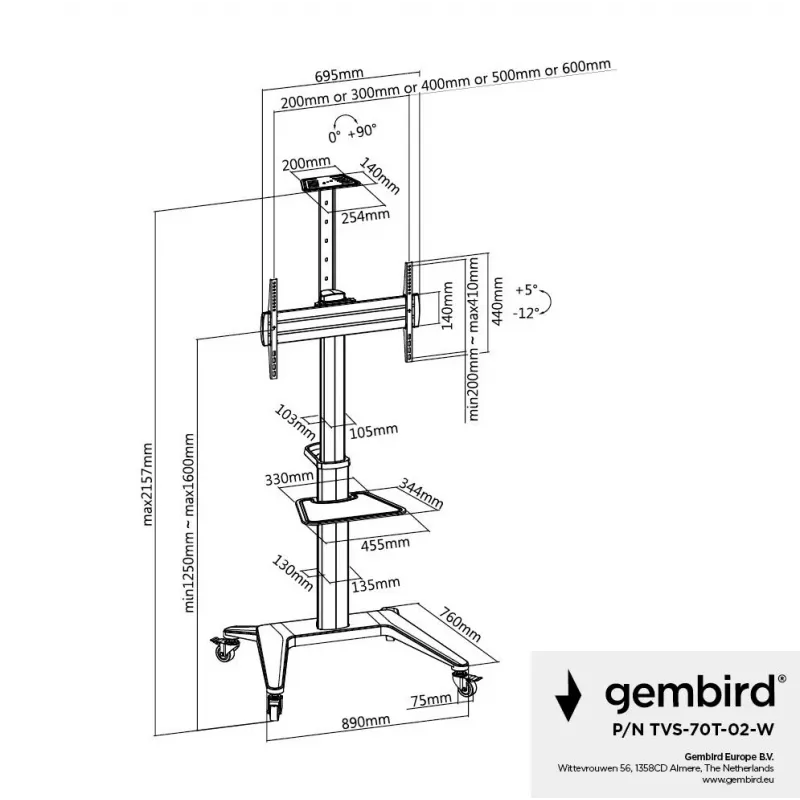 Suporte de TV de chão 37-70/WEISS TVS-70T-02-W Gembird