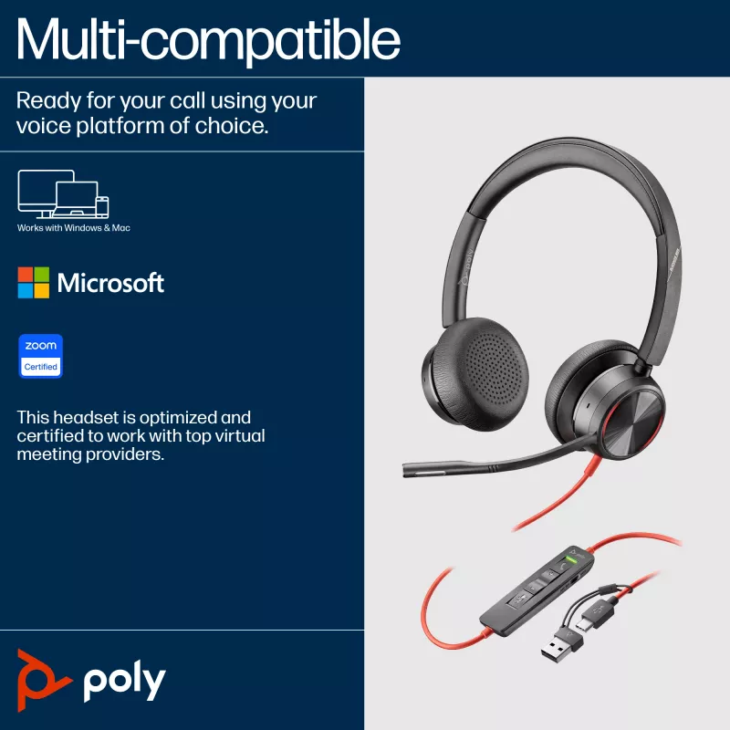 HP Poly Blackwire 8225 Headset estéreo USB-C + Adaptador USB-C/A