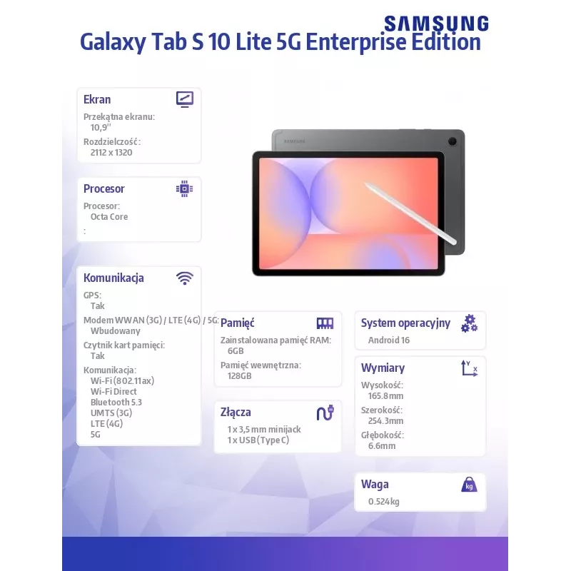 Tablet Galaxy Tab S 10 Lite X400EE 10,9 polegadas 5G 6/128GB Enterprise Edition cinzento