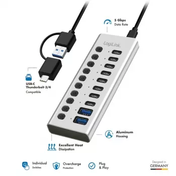 Hub USB3.2 Gen1 10 portas USB-A/C, interruptor on/off