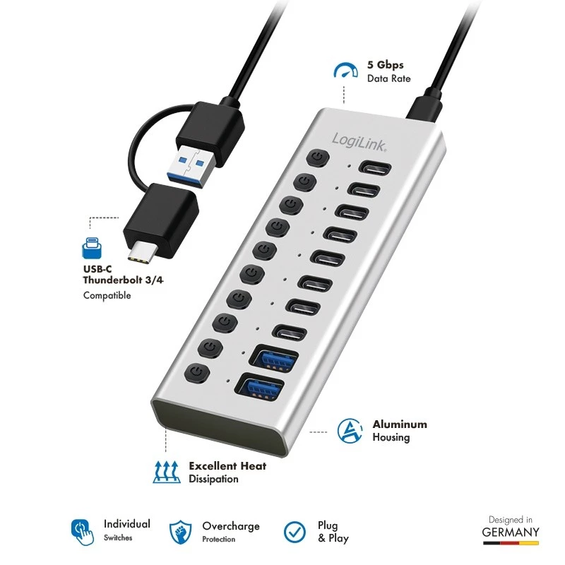 Hub USB3.2 Gen1 10 portas USB-A/C, interruptor on/off