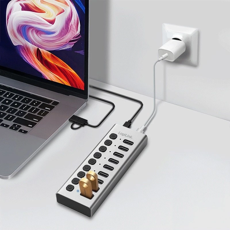Hub USB3.2 Gen1 10 portas USB-A/C, interruptor on/off