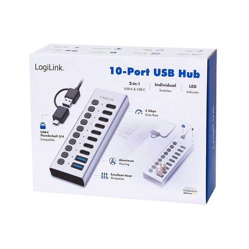 Hub USB3.2 Gen1 10 portas USB-A/C, interruptor on/off